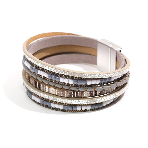 Mika Hand Woven Magnetic Buckle Leather Bracelet | Khaki & Grey