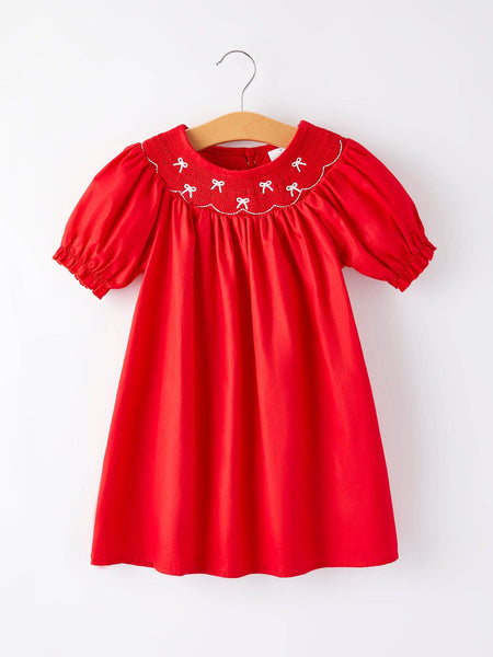 Rylee Faith Designs - Girls Bow Smocking Embroidered Red Dress